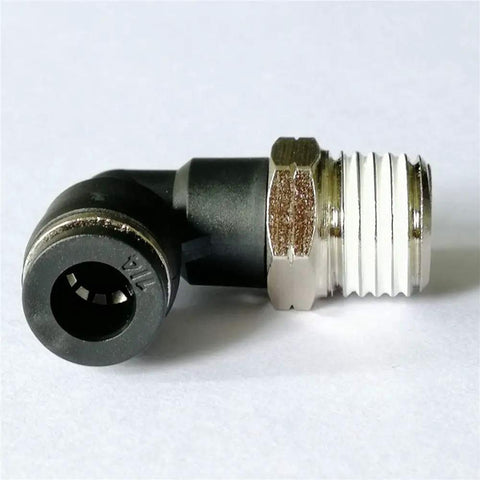 Ten Pack Push To Connect Air Fittings 90 Degree Pneumatic Tube Elbow One Quarter Inch Tube OD To One Quarter Inch NPT Thread Quick Connect For Easy Snap On Air Lines Durable Plastic And Stainless Steel With 360 Degree Rotation, black elbow fitting