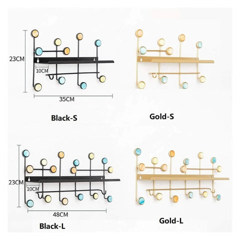 Top Shelf Wrought Iron Double Wall Hooks For Coats And Gear Rustic Entryway Organizer in black and gold variations.