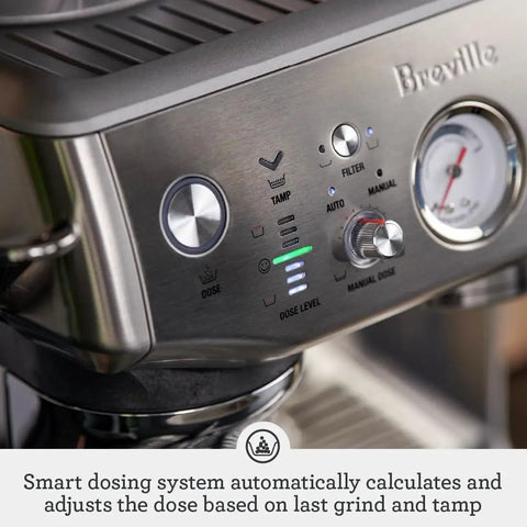 Close-up of Barista Express Impress Espresso Machine With Impress Puck System And Smart Dosing controls, brushed stainless steel body.