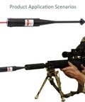 Red Dot Laser Bore Sight Kit for Pistols Rifles Scopes and Shotguns with multi caliber adapters shown in use on a rifle