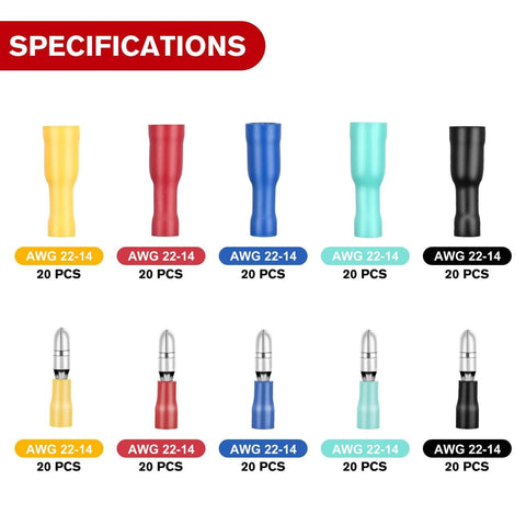 DIY Friendly 200Pcs Bullet Terminals Wire Connectors Kit For Automotive And Marine Wiring AWG 22 To 14 Female And Male Insulated