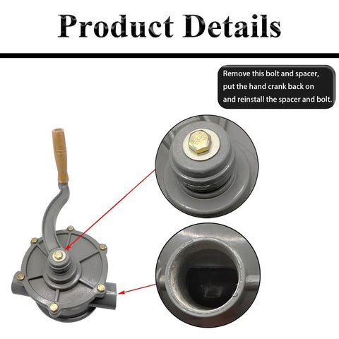 Aluminum Drum Rotary Hand Pump For 30 To 40 Gallon Gas And Diesel Caddy, Easy To Handle, One And A Quarter Inch Inlet And Outlet Pipe, Portable Oil Transfer Pump For Fast, Reliable Fuel Moves, side view with inlet detail