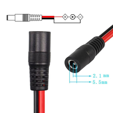 XT60I To 5.5x2.1mm Power Cable DC5521 Female Connector For Lithium Batteries And FPV Gear, Stable Battery To Device Link For Solar Panels And Power Stations, Great For Vehicles, Three Length Options, black and red DC5521 female connector close-up