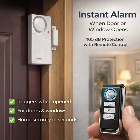 Door Alarm System With Remote, Wireless Door Bell Chimes, magnetic security sensor on door with remote control for activation.