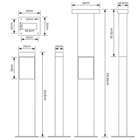Dimensions diagram of Commercial Grade Dual Port Electric Charger Pedestal Rock Solid Aluminum Freestanding Stand.