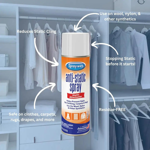 Residue Free Anti Static Spray To Cut Static Cling And Eliminate Static Shock On Clothes Carpets Rugs Furniture Drapes And Electronics With Safe Easy Mist For Everyday Home Use 6 Oz bottle in front of closet with clothes