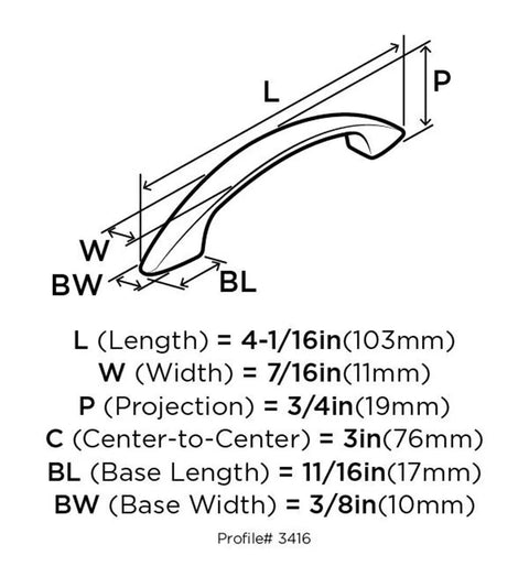 Diagram of Polished Chrome Cabinet Pull 3 Inch Center To Center Contemporary Drawer Handle with dimensions labeled for reference.