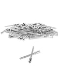 Pro Grade Watch Repair Kit With 100 Pcs 0.9mm Winding Stems And Movement Accessories, close-up of steel stems on white background