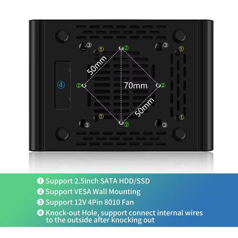 Bottom view of Rock Solid Firewall Mini PC Driven By Intel N150 showing mounting options and ventilation design.
