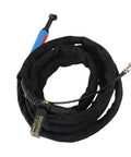 Flexible 4m welding torch with ergonomic grip and smooth surface, coiled for easy storage and transport.
