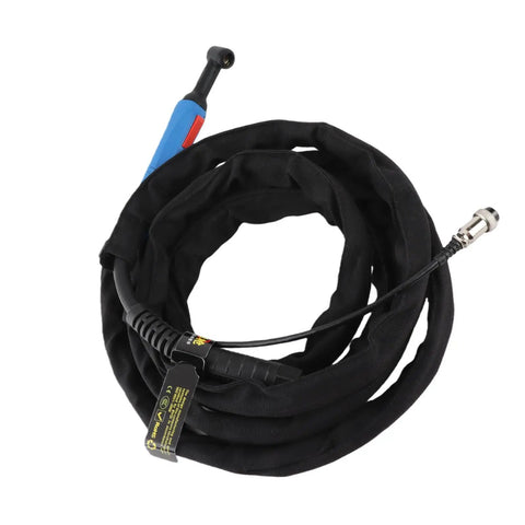 Flexible 4m welding torch with ergonomic grip and smooth surface, coiled for easy storage and transport.
