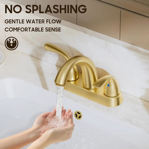 Brushed Gold 4 Inch Centerset Bathroom Faucet With Two Handles, Fits 2 Or 3 Hole Mount, Includes Copper Pop Up Drain, BF008-5-BG
