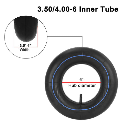 3.50/4.00-6 inner tube with TR13 valve, showing 6-inch hub diameter and 3.5-4 inch width
