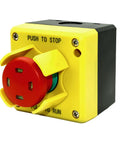 Built Tough Emergency Stop Control Station With 40mm Red E Stop Button NEMA 4 Enclosure Includes 1NC 1NO Contacts And Push Pull With Visual Indicator For Quick Safe Shutdown In Industrial Machinery, front view