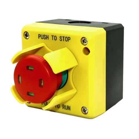 Built Tough Emergency Stop Control Station With 40mm Red E Stop Button NEMA 4 Enclosure Includes 1NC 1NO Contacts And Push Pull With Visual Indicator For Quick Safe Shutdown In Industrial Machinery, front view