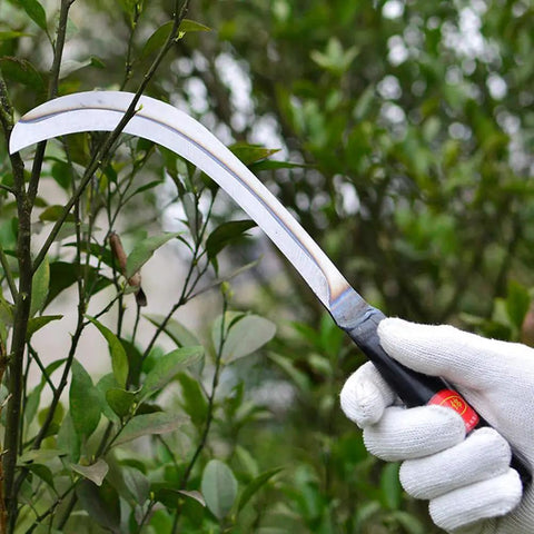 Two Piece Japanese Style Garden Sickle Set With Steel Hand Sickles For Weeding And Lawn Care, 3.7 Inch Blades in use outdoors