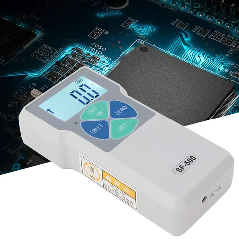 Digital Force Tester Portable Push And Pull Meter For Accurate Load Measurement In Lbs Kilograms And Newtons Units With Long Battery Life And US Plug For Field Or Workshop Use white handheld unit on circuit board