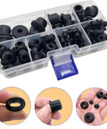 100 Piece Silicone T Type Rubber Grommet Kit Six Sizes for Wiring Automotive Firewall Holes displayed in a clear box with hand close-ups