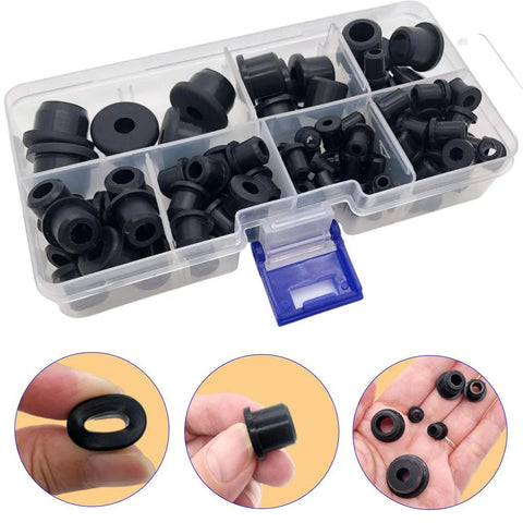 100 Piece Silicone T Type Rubber Grommet Kit Six Sizes for Wiring Automotive Firewall Holes displayed in a clear box with hand close-ups