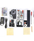 Collection of components and tools for FTVOGUE Z8000M Mini Lathe, including motor, clamps, and adapters in clear storage box.