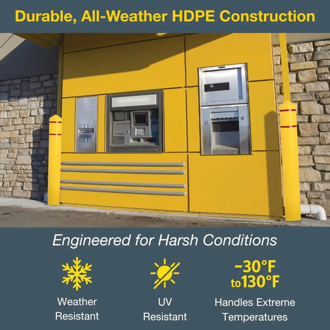 Heavy Duty Bollard Covers For Four Inch Outdoor Poles Fifty Six Inch Tall Post Sleeves Weather Tight Hdpe in yellow at a kiosk.