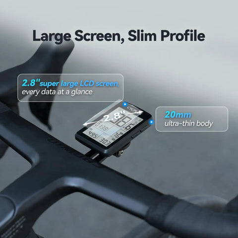Wireless GPS Bike Computer With ANT Plus And Bluetooth Two Point Eight Inch LCD Screen IP67 Waterproof mounted on handlebars