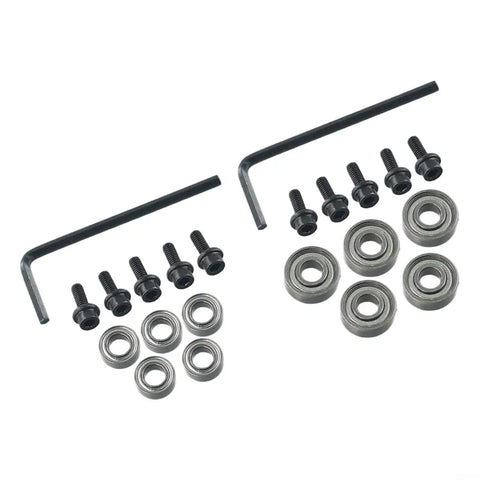 Pro Grade 10 Pack Top Mounted Ball Bearing Replacement Kit For Router Bits With Screws And Hex Key, Steel Guide Bearings For Repair And High RPM Use, Silver Finish, 9.52mm And 12.7mm OD, bearings and hex keys laid out