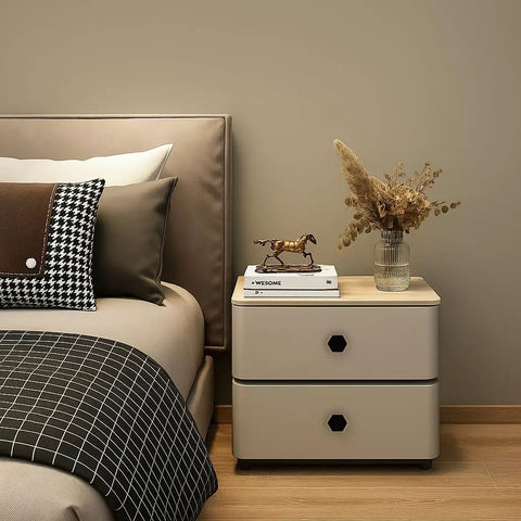Bedroom scene showing nightstand with 25 Pack Dope Matte Black Hexagon Cabinet Knobs For Dresser Drawers And Kitchen Cabinets One And A Quarter Inch Diameter Zinc Construction Rust Resistant Hardware For Bathroom Closet Remodel Easy Upgrades.