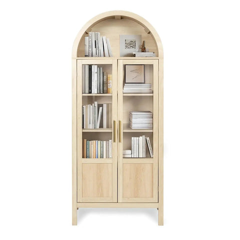 Arched Storage Cabinet With 2 Doors And 5 Tier Shelves 71 Inch Tall Wooden Pantry Organizer For Kitchen Dining Room Living Room And Bathroom Natural Wood Color With Clear Door Panels