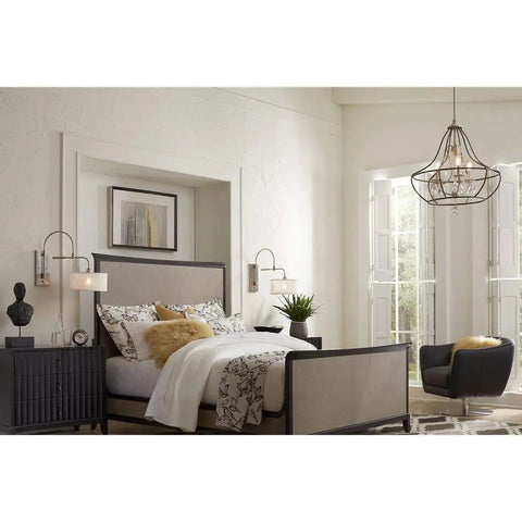 Bedroom with Kempsey Collection One-Light Swing Arm Wall Bracket Nickel Finish sconce above bed