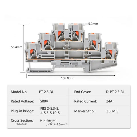 50 Pcs DIN Rail Terminal Block 3-Level Spring Clamp Compact Connector PT 2.5-3L 2.5mm2 for sensor and actuator wiring gray gold plated contacts