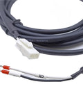 Servo motor brake cable with white 2-pin connector, gray sheath, white wires labeled R2 and B2, red crimp terminals