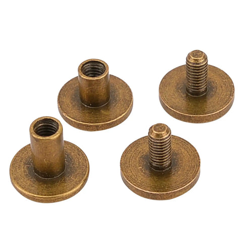 Premium Slick Heavy Duty 10 Pack 1/4 Inch Chicago Screws Brass Quick Detach Rivet Fasteners in close-up view, showing threaded posts.