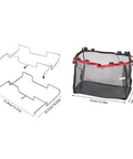 Silver and black Desktop Trash Can Holder And Hanging Rack Organizer with dimensions for home and camping use.