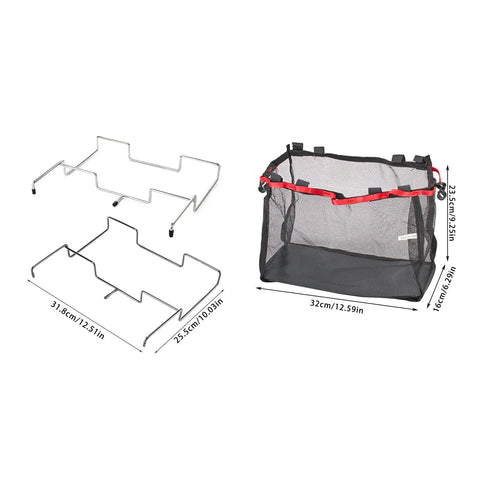 Silver and black Desktop Trash Can Holder And Hanging Rack Organizer with dimensions for home and camping use.