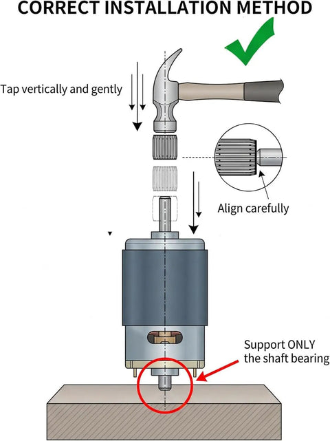 Diagram showing the correct installation method for Two Pack 18V 21V 24V High RPM Electric Motors for Power Wheels Upgrade 30000RPM.