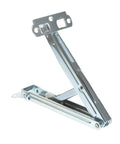 Lift Up Folding Desk Hinge For Adjustable Desks And Workbenches, Easy Flip Up Mechanism in metal, showing upright support angle