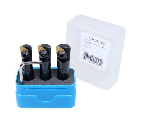 Three Piece Miniature Indexable End Mill Set With One Half Inch Shank And Three Inch Overall Length Includes One Half Inch, Nine Sixteenths Inch And Five Eighths Inch Cutters With Installed TPG22 Inserts In A Fitted Case