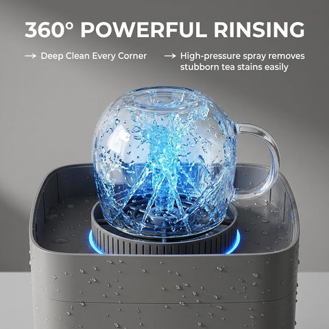 Automatic Desktop Cup Washer With 1.8L Tank Electric Glass Rinser spraying water on a clear cup to remove stains.