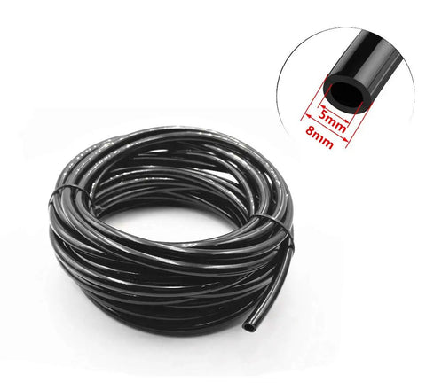 Coiled black Polyurethane Air Hose Tube 8x5mm 5M with diameter diagram for air tools and DIY projects in garage and workshop.
