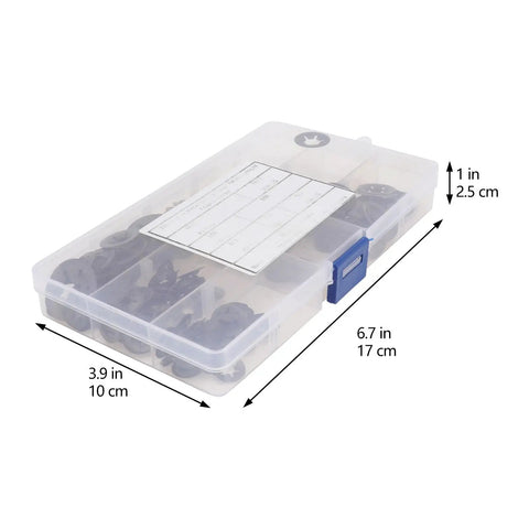 Clear plastic box containing 280 Pieces Manganese Steel Plum Tooth Lock Washers With Internal Teeth, Black Metal Retainer Rings.