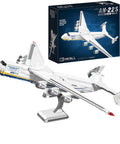 An-225 Transport Aircraft Building Blocks Set 1 135 Scale with 1728 Pieces, model displayed on a stand with box in background.