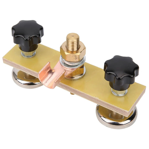 Heavy Duty Magnetic Ground Wire Clamp For Welding With Insulated Holder To Keep Workshop Repair And Metal Fabrication Projects Connected And Squeaky Clean, featuring black knobs and copper connection.