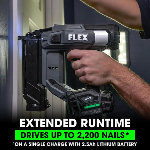 24V Brushless Cordless 18 Gauge Brad Nailer Kit in use, precise nailing on trim with 2.5Ah battery, lightweight and efficient.
