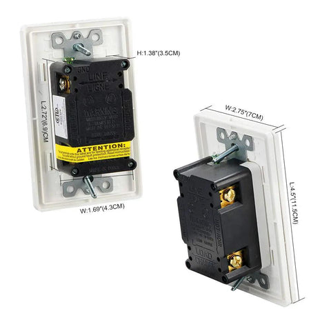 Back view of GFCI Weather-Resistant 20A 125V Outlet showing dimensions and wiring details, includes screws and wall plates, 10 pack.