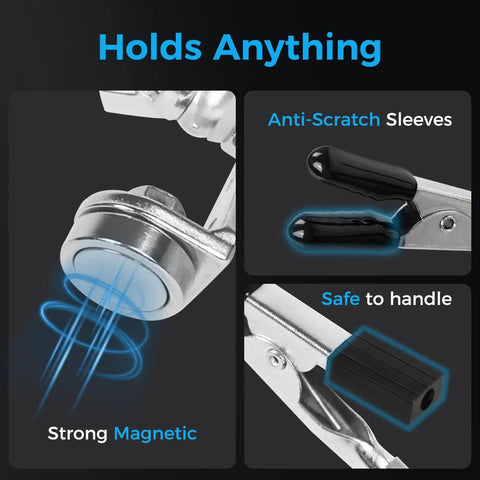 Close-up of Helping Hands Soldering Station With Rock Solid 3.9 Inch Base Four Flexible Magnetic Arms showing strong magnet.