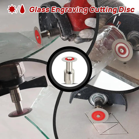 Close-up of Five Pack Dope Mini Diamond Glass Cutting Disc Set with 30mm blades cutting glass in various machines.