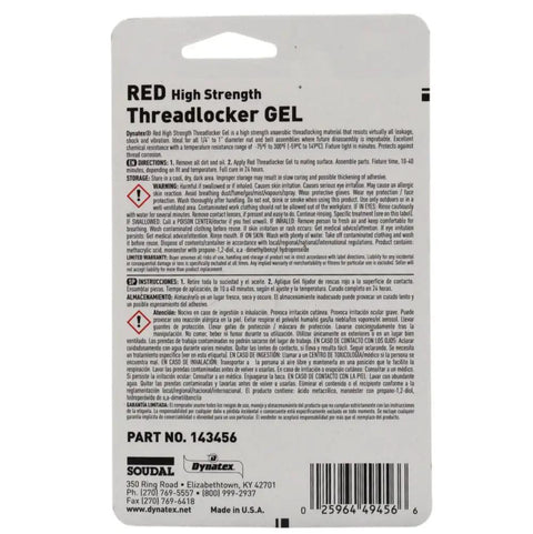 Red High Strength Gel Threadlocker package back view with instructions and product details, 1.20 oz bottle, 2-pack