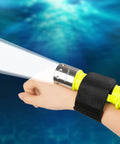 Rechargeable Underwater Dive Light With 3 Modes Beastly Bright High Lumens LED Torch attached to wrist for diving