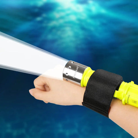 Rechargeable Underwater Dive Light With 3 Modes Beastly Bright High Lumens LED Torch attached to wrist for diving
